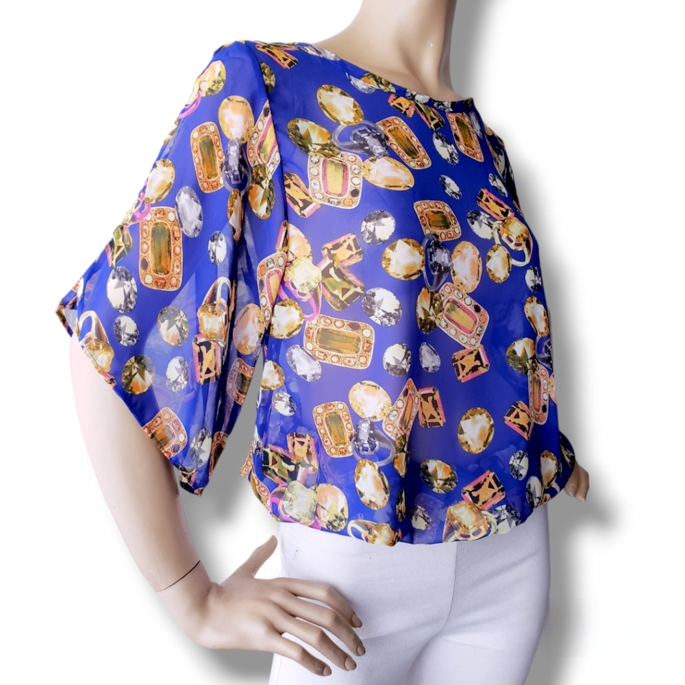 Teenplo Royal Blue Diamond Print Chiffon Blouse
